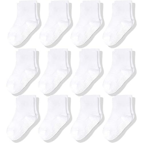 CozyWay Baby Anti Slip Crew Socks 12 Pairs with Grips for Toddlers Little Boys Girls Infants Kids Non Skid