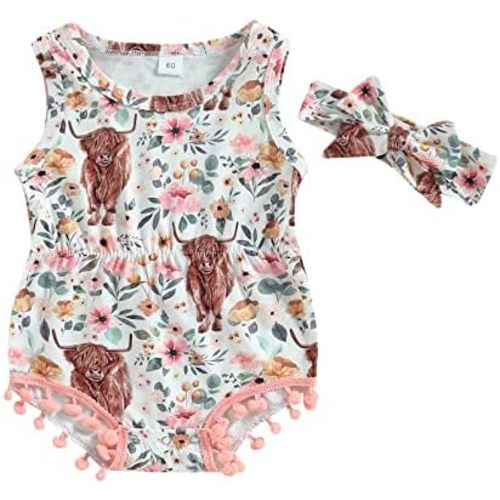 Western Baby Girl Clothes Cow Print Romper Sleeveless Pompom Tassel Bodysuit Jumpsuit Headband Cute 2Pcs Summer Set