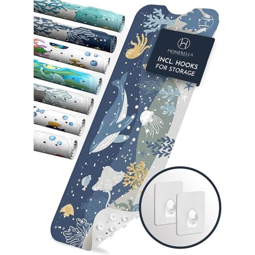 Homerella Baby Bath Tub Mat | Anti Mold Mildew Resistant Non Slip Kids and Adult Bath Tub Shower Mats | 40x16 inch Long with Suction Cups for Secure Grip Hooks for Storage & Drying | Machine Washable
