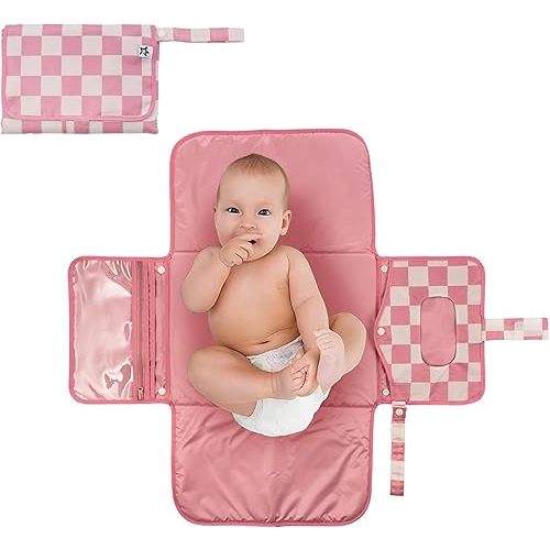 Tiny Twinkle Portable Diaper Changing Pad, Foldable Waterproof Baby Change Pad for Newborn Girl & Boy with Smart Wipes Pocket (Pink Checkers)