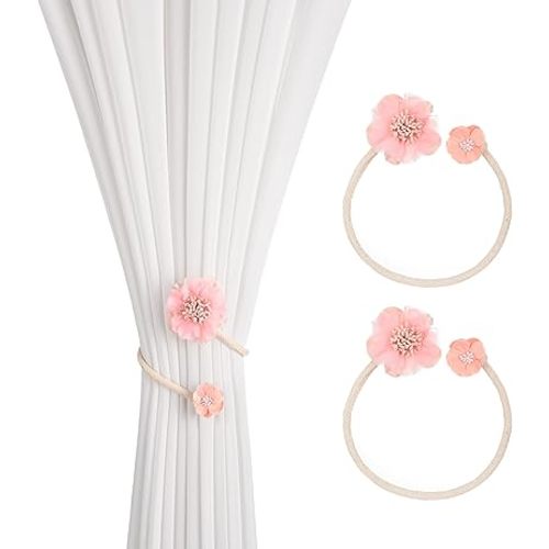 SUQ I OME 1 Pair of Handmade Artificial Flower Curtain Holdbacks Clips Window Drape Twist Tie Backs for Women, Girls Bedroom Decorative Draperies Holdbacks (Pink)