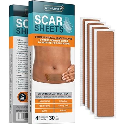 NUVADERMIS Silicone Scar Sheets – Extra Long Medical-Grade Scar Sheets for C-Section, Tummy Tuck, Keloid, and Surgical Scars – Reusable and Effective – Pack of 4 – Medium Tone