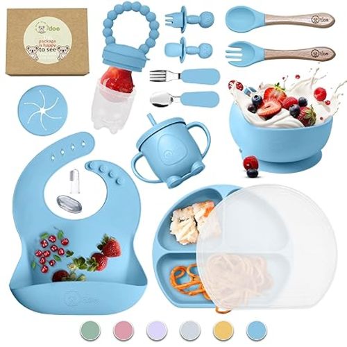O'doe 17-Piece BPA-Free Silicone Baby Feeding Set | Thick & Soft Suction Plates, Baby Bowls, Wooden Fork & Spoon, and More | Make Mealtime Fun and Easy for Your Little One (Blue, V2)