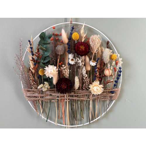 Wildflower Meadow Wall Hanging - Natural Interior Decor with Diverse Floral Arrangement, Handcrafted Rustic Bohemian Style