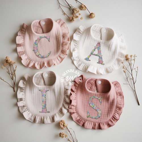 Baby Girls Floral Initial Name Embroidered Bib, Toddler Girls Personalized Monogram Bib Girls Customized Letter Ruffle Bib Baby Shower Gift