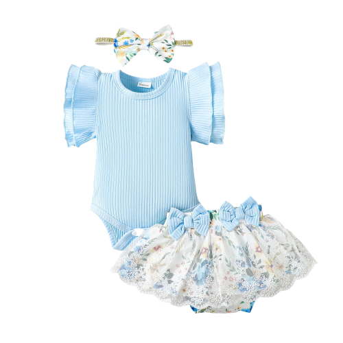Kucnuzki 6 Months Newborn Baby Girl Clothes Romper Shorts Set 12 Months Fly Sleeve Pure Color Casuak Rompers Top Elastic Floral Mesh Panel Shorts Headband 3PCS Set Blue