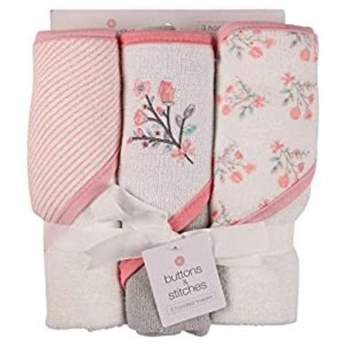 Buttons and Stitches Baby Infant 3 Pack Hooded Towel - Floral - 3 Count (Pack of 1)