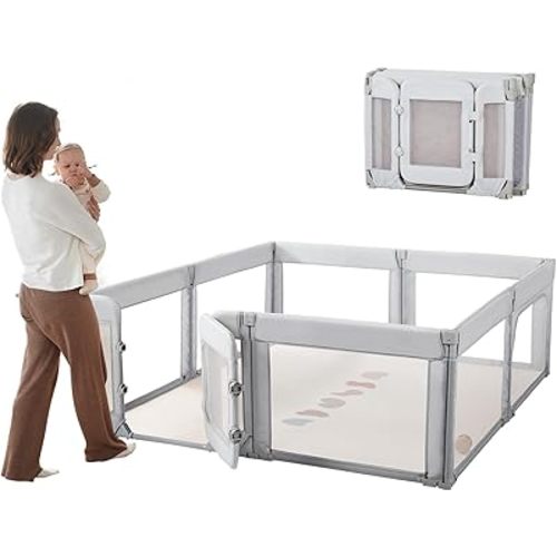 Baby Playpen,Extra Large Playpen for Babies and Toddlers with Baby Door 79x71 Inch, Adjustable Playpen Non-Slip Suction Cups Base Safe and Sturdy, Indoor Outdoor Baby Playard,Grey