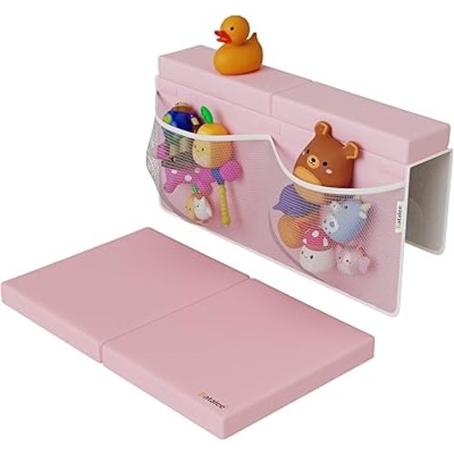 Baby Bath Kneeler and Elbow Rest Pad Set, Non-Slip Painless Thick Kneeling Pad - Foam Kneeling Pad for Bathing Babies - Knee Saver & Arm Support with 4 Pockets Toy Organizer (Large, Baby Pink)