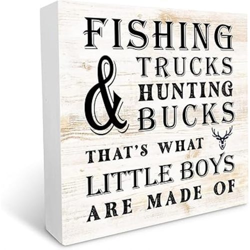 Nursery Decor Fishing Trucks Hunting Bucks That's What Little Boys are made of Wood Plaque Table Art Sign 5x5 Inch Nursery Table Decor for Baby Boys Toddlers Desk Decor