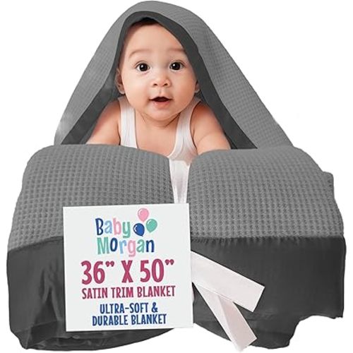 Blankets Thermal Waffle Baby Blanket Crib Bedding - Soft Cozy Warm Infant Thermal Cover for Nursery Stroller or Bassinet, Lightweight Ideal Shower Gift, Satin Trim Gray 36" x 50"