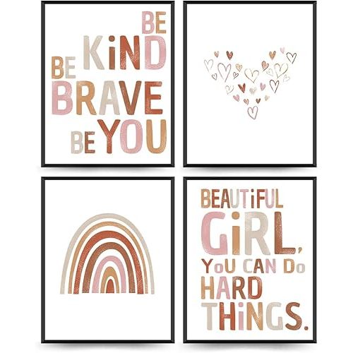 PLKMN Girl Nursery Decor Set of 4, Positive Affirmations Prints, Boho Rainbow Heart Wall Art for Toddler, Little Girl, Baby Girl, 8x10 Inch, Unframed