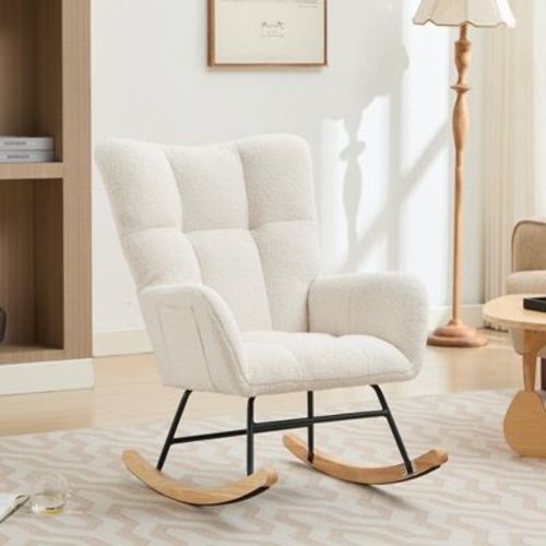 Modern Nursery Rocking Chair Upholstered Glider Chair with High Backrest and Solid Wood Legs, Teddy Fabric Accent Armchair, White - ModernLuxe