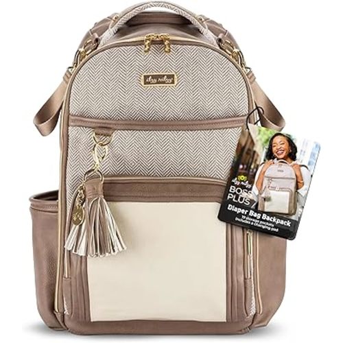 Itzy Ritzy Diaper Bag Backpack – Large Capacity Boss Plus Baby Backpack Diaper Bag Featuring 19 Pockets, Changing Pad, Stroller Clips, and Comfortable Backpack Straps, Vanilla Latte Boss Plus