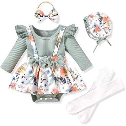 Unutiylo Preemie Newborn Baby Girl Clothes Romper Suspender Dress Fall Winter Outfits Ruffle Long Sleeve Jumpsuit