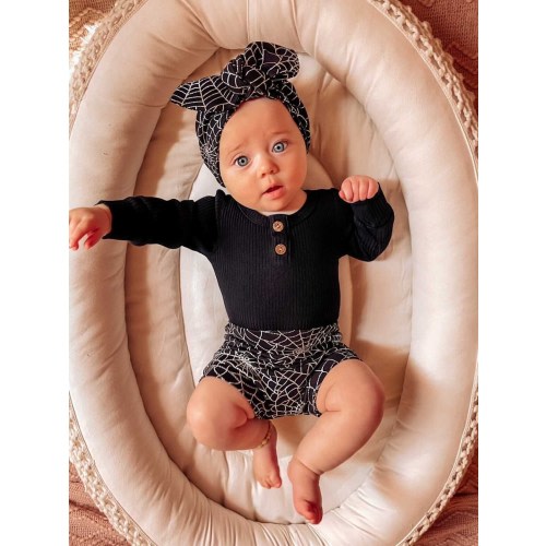 Spiderweb Halloween Bummies and/or Top Knot or Tiny Knot Headbands, Baby Girl Cute Black Costume, Toddler High Waisted Shorts