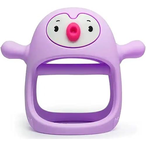 Yummy Baby Cute Penguin Teething Mitten for Babies, Easy to Hold, No-Drop Design, Silicone Baby Teether Toys, Relief from Teething Pain, Nipple Shaped Penguin Hands Comfort Gums (Purple)
