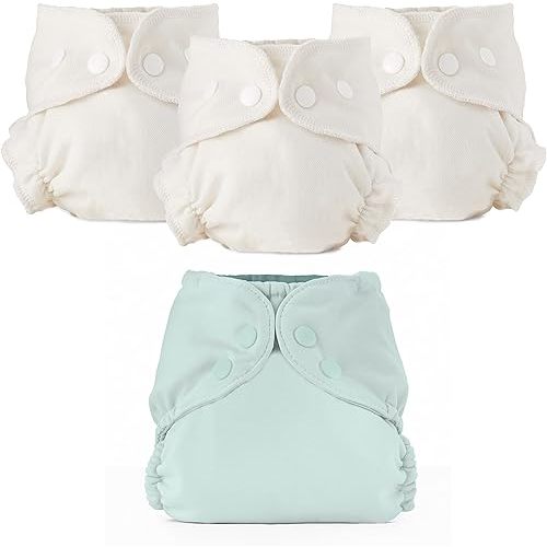 Esembly Cloth Diaper Bundle Set, 3 Organic Absorbent Inners and 1 Waterproof Diaper Cover, Blowout-proof Reusable Washable Diapers with Snap Closure, Size 2 (18-35lbs), Mist
