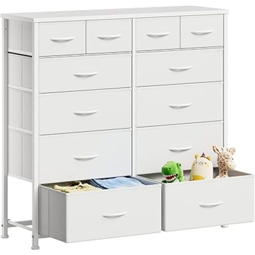 Dresser for Bedroom with 12 Drawers, Wide Storage Chest of Drawers with Removable Fabric Bins for Closet Nursery Bedside Living Room Laundry Entryway Hallway, White