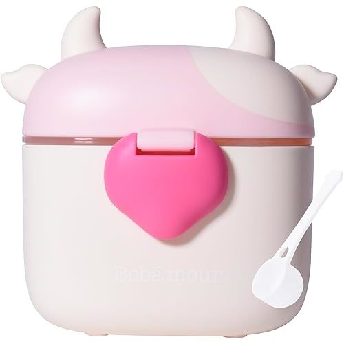 Bebamour Baby Formula Dispenser On The Go, Formula Container to Go, Formula Holder for Travel, Candy Fruit Snack Storage Container with Scoop and Leveller (Light Pink Cow)