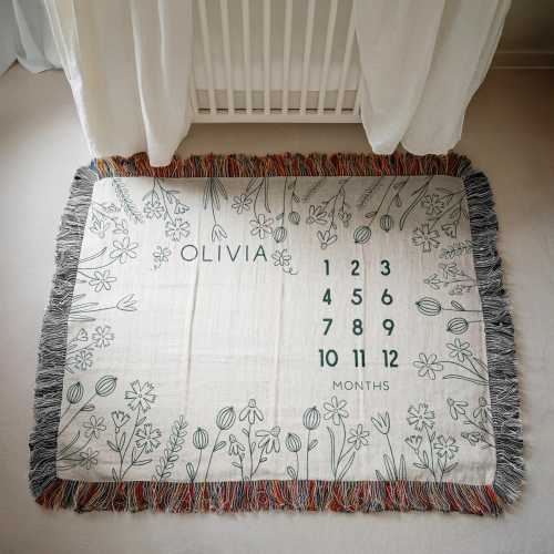 Custom Milestone Woven Blanket Girl Custom Name Blanket Wildflower New Baby Gift Girl Floral Month Blanket Personalized Baby Shower Keepsake