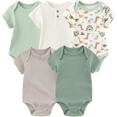 Newborn Baby Short Sleeve Bodysuit Cotton One-Piece Baby Clothes 5-Pack, 0-12 Months