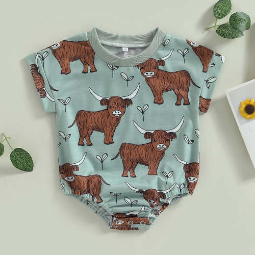 Baby Boys Western Romper Short Sleeve Highland Cow Print Jumpsuit Clothes Bodysuit