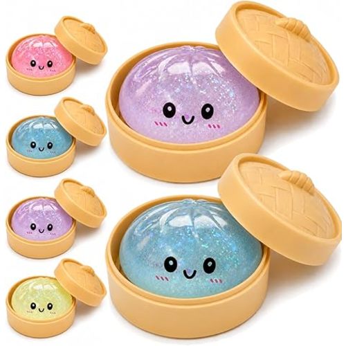 2PCS Dumpling Squishies Toys with Food Steamer,Sparkly Glitter Squeeze Dough Fidget Sensory Stress Balls,Hand Desk Toys for Stress Relief Squishies Dumpling Gifts,Purple&Blue