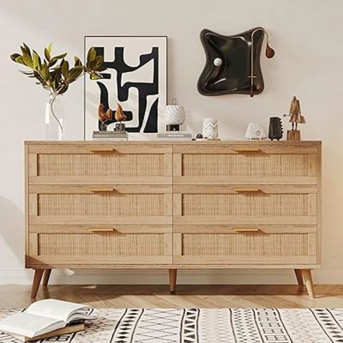 Rovaurx Cómoda doble de 6 cajones para dormitorio, cómoda de ratán, cómoda de madera moderna con asas doradas, mesa auxiliar para armario, sala de estar y entrada, natural