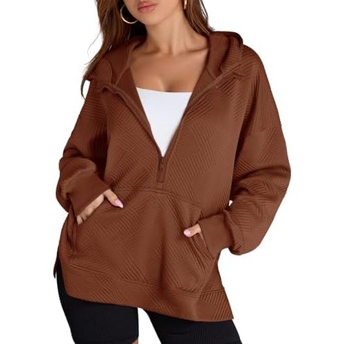 LOMON Womens Oversized Half Zip Hoodies Long Sleeve Textured Casual Sweatshirts Loose Fall Pullover Tops with Pockets
