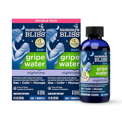 Mommy's Bliss Gripe Water Night Time, Relieves Stomach Discomfort From Gas, Colic, Fussiness, & Hiccups, Gentle & Safe, For Infants Age 1 Month+, 4 Fl Oz (Pack of 2)
