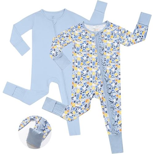 JunNeng Baby Girl Viscose from Bamboo Sleeper with Mitten Cuffs, 2 Way Zipper Romper, Sleep N' Play Pajamas 0-18 Months