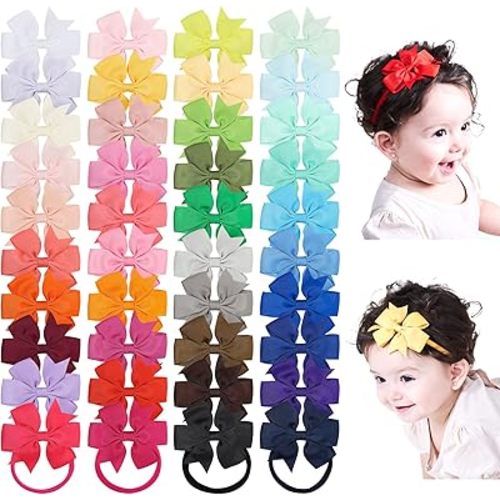 jollybows 40pcs Baby Girls Grosgrain Ribbon Hair Bows Headbands 3" Hair Band Hair Accessories for Infants Newborn Toddler