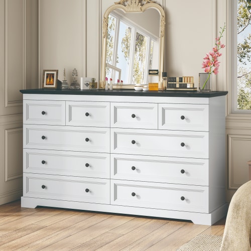 10 Drawers Dresser, 55" Large Drawers Dresser for Bedroom, Wood Dressers & Chest of Drawers for Living Room,White