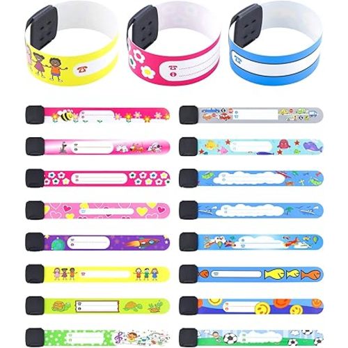 16 Pieces Children Safety ID Wristband, Reusable Identification Bracelets Adjustable Waterproof ID Bands for Boys and Girls (16 Styles)