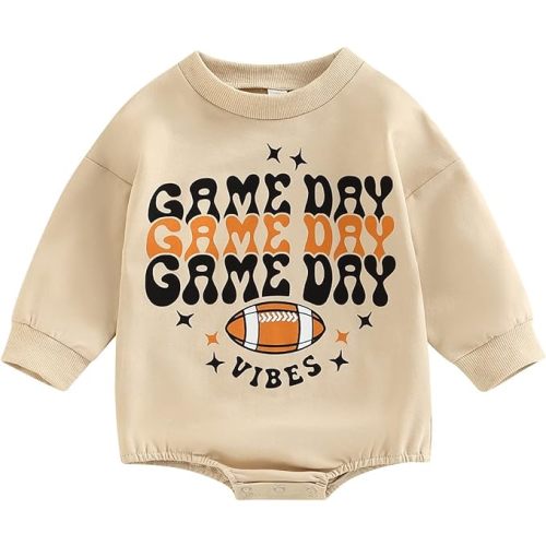 Ayalinggo Toddler Infant Baby Girl Boy Halloween Outfit Pumpkin Sweatshirt Oversized Onesie Bubble Romper Sweater Clothes - Sweatshirt Romper Game Day Beige - 0-6 Months