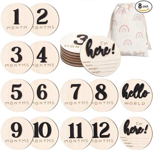 7 Pack 3D Baby Monthly Milestone Card Signs Baby Announcement Sign Double Sided Hello World Newborn Signs Wooden Circles Discs for Welcome Newborn Boy Girl Photo Props(Black,Number)