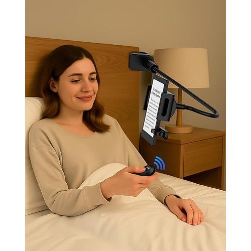 Kindle Holder with Remote Page Turner - Read in Bed Without Blocking Text or Adjusting Margins - Reduce Neck Strain - Quiet Page Turning for Kindle, iPad, iPhone