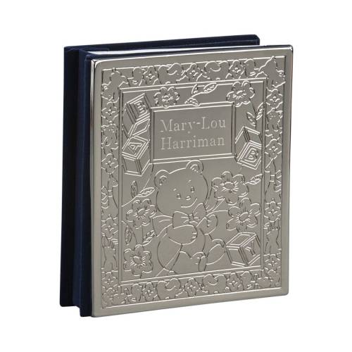 Personalized Silver Polished Baby Theme Photo Album with Teddy Bear (Holds 100 4&quot; x 6&quot; Pictures) Engraved Gift For Baby Shower