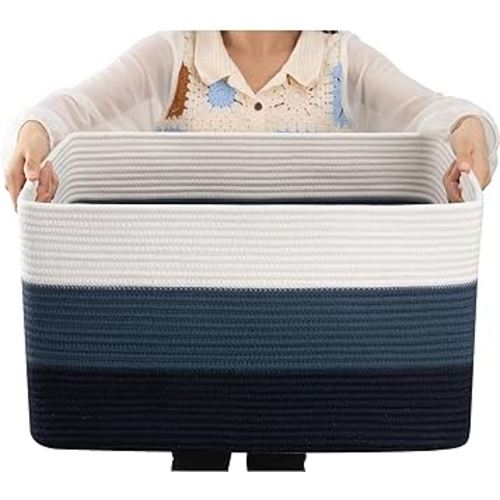 OIAHOMY Large Blanket Basket, Rectangle Woven Baskets for Storage, Nursery Blanket Basket Living Room, Toy Basket With Handle, Large Baskets for Organizing-22”x17”x12”-Gradient Blue