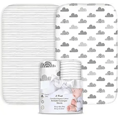 100% Organic Cotton 2 Pk Bedside Sleeper Bassinet Fitted Mattress Sheets Perfectly Compatible with Mika Micky, Baby Delight, Ronbei, Chicco, Cloud Baby, AMKE, Angelbliss, Arm's Reach. Cloud, Stripe