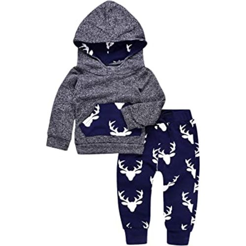2PCs Baby Deer Print Hoodies with Pocket Top + Striped Long Pants Autumn Outfit Set
