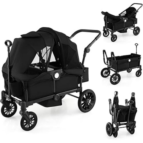 HONEY JOY Wagon Stroller for 2 Kids, 2 Seater Toddler Quad Stroller Wagon, Adjustable Push/Pull Handle Bar, Drop-Down Footwell & Upholstered Seats, Collapsible Kids Wagon with Canopy(Black)
