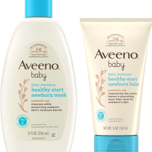 Bundle of Aveeno Baby Healthy Start Newborn Wash, Hypoallergenic Baby Body Wash with Prebiotic Oat, Fragrance-Free, 8 fl. oz + Newborn Balm, Baby Skin Balm with Prebiotic Oat , Fragrance-Free, 5 oz