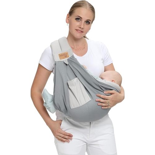 Baby Sling Carrier Newborn, Adjustable Easy Wearing Baby Nursing Warp Sling, New Mom Dad Soft Cotton Baby Front Holder Carrier for Infant Toddler Life Travel Essential Gifts (Mesh Grey)