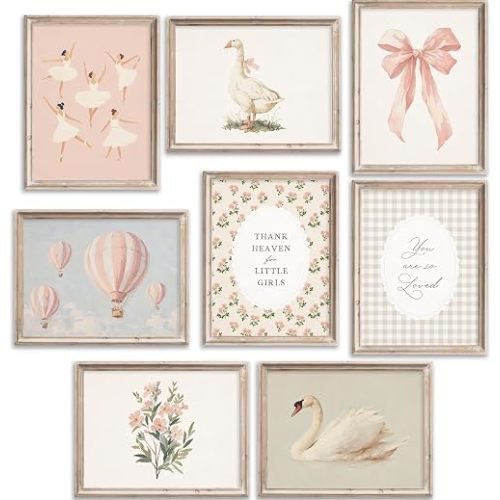 Vintage Girl Nursery Wall Art Pink Baby Girls Room Canvas Wall Decor Floral Swan Goose Poster Bow Ballet Prints Hot Air Painting Cottagecore Artwork for Toddler Girls Bedroom 8x10 In Unframed 8Pcs