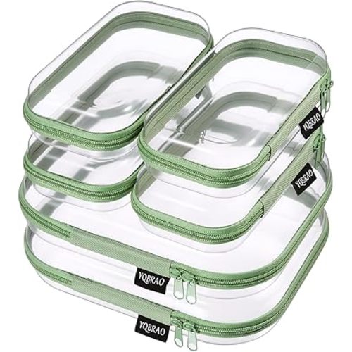 6 Pack Green Clear Hard Shell Beauty Organizer (2M+4S), 1.2mm Heavy Duty Crush-Proof Cosmetic Case, Reinforced YKK Zippers, Stadium Approved Security Bag for Skincare & Electronics, Multi-Size Set