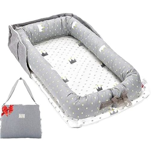 Baby Lounger for Newborns & Infants 0–24 Months, 100% Cotton Breathable Infant Support Cushion with Adjustable Size, Portable Baby Nest for Home and Travel, Baby Shower Gift(Crown Grey)
