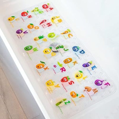 Polyvinyl Chloride (PVC) Bath Mat, Alphabet, Square, XL Size, 35x16 inch, Textured Pattern, Suction Cups - Bath Mats for Tub Kids