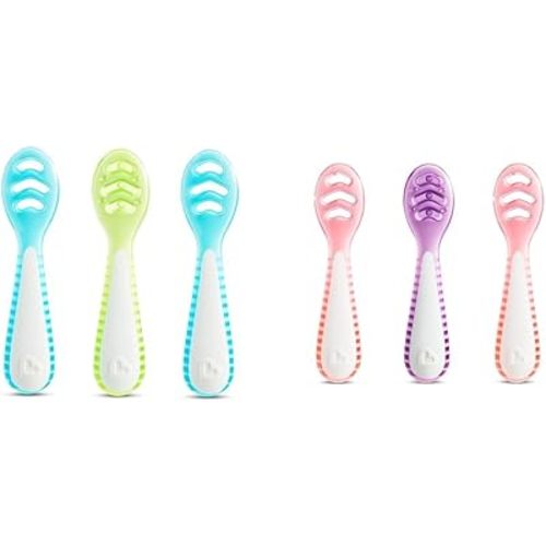 Munchkin® Gentle DipTM Multistage First Baby Led Weaning Spoon Set, includes 3 Packs with Stage 1 & 2 Spoons, Blue/Green & Coral/Purple